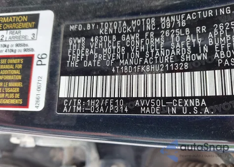 2017 Toyota Camry Hybrid Le из США, поврежденный, VIN 4T1BD1FK8HU211328